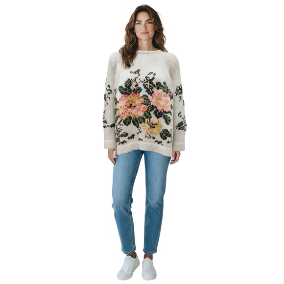 LAMBERTO LOSANI LIGHT GREY MULTI FLORAL CASHMERE KNIT PULLOVER SWEATER - Picture 6 of 6